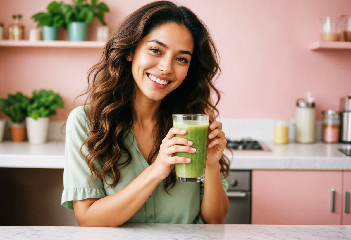 woman holding green shake